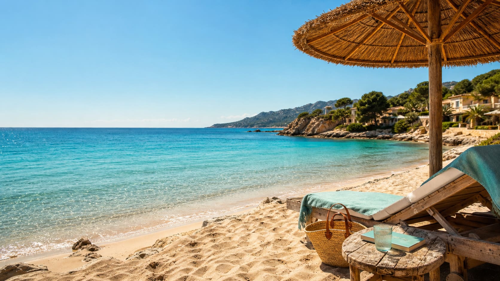 Sonniger Strand mit Liege und Meer auf Mallorca